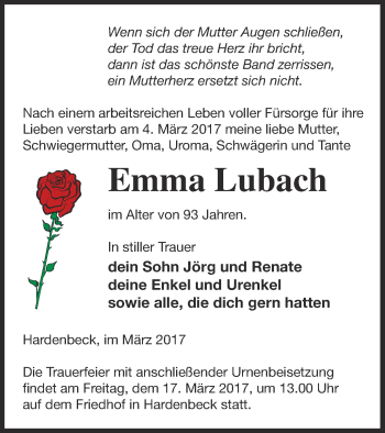 Traueranzeige von Emma Lubach von Templiner Zeitung