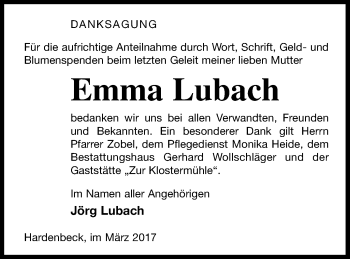 Traueranzeige von Emma Lubach von Templiner Zeitung