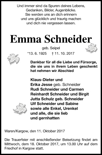 Traueranzeige von Emma Schneider von Müritz-Zeitung