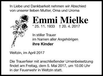 Traueranzeige von Emmi Mielke von Neubrandenburger Zeitung