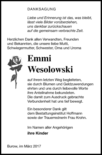 Traueranzeige von Emmi Wesolowski von Neubrandenburger Zeitung