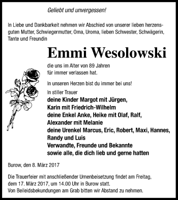 Traueranzeige von Emmi Wesolowski von Neubrandenburger Zeitung