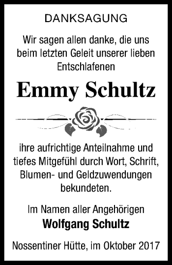 Traueranzeige von Emmy Schultz von Müritz-Zeitung