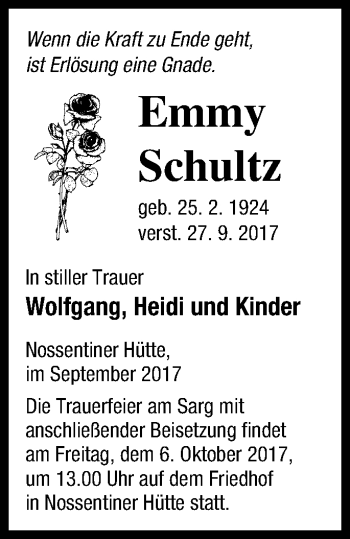 Traueranzeige von Emmy Schultz von Müritz-Zeitung