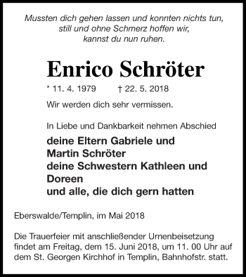 Traueranzeige von Enrico Schröter von Templiner Zeitung