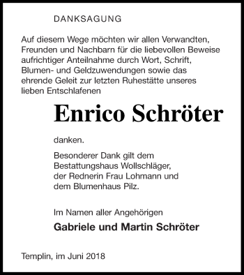 Traueranzeige von Enrico Schröter von Templiner Zeitung