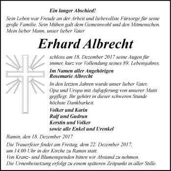 Traueranzeige von Erhard Albrecht von Pasewalker Zeitung