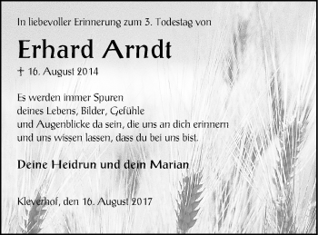 Traueranzeige von Erhard Arndt von Mecklenburger Schweiz