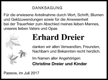 Traueranzeige von Erhard Dreier von Vorpommern Kurier