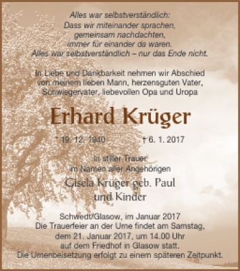 Traueranzeige von Erhard Krüger von Pasewalker Zeitung