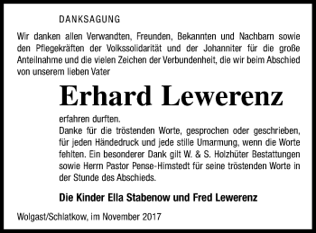 Traueranzeige von Erhard Lewerenz von Vorpommern Kurier