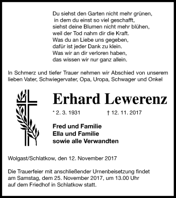 Traueranzeige von Erhard Lewerenz von Vorpommern Kurier