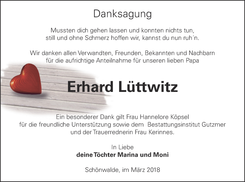  Traueranzeige für Erhard Lüttwitz vom 09.03.2018 aus Pasewalker Zeitung