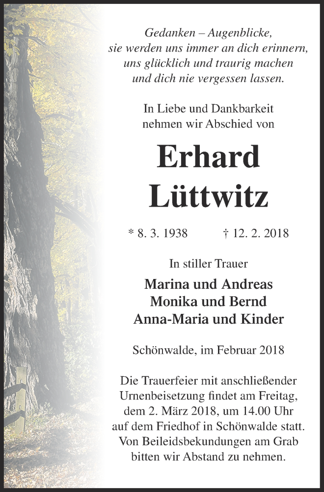  Traueranzeige für Erhard Lüttwitz vom 16.02.2018 aus Pasewalker Zeitung