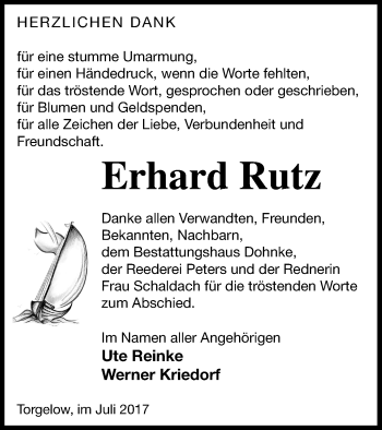 Traueranzeige von Erhard Rutz von Haff-Zeitung