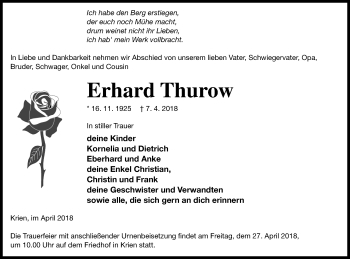 Traueranzeige von Erhard Thurow von Vorpommern Kurier