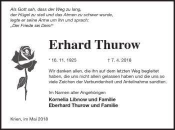 Traueranzeige von Erhard Thurow von Vorpommern Kurier