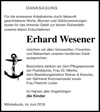 Traueranzeige von Erhard Wesener von Haff-Zeitung