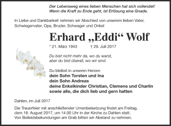 Traueranzeige von Erhard Wolf von Neubrandenburger Zeitung