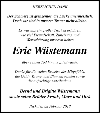 Traueranzeige von Eric Wüstemann von Neubrandenburger Zeitung