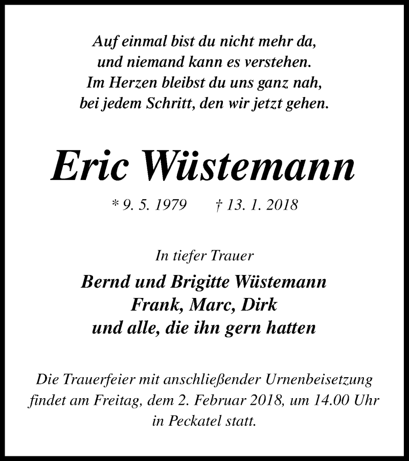  Traueranzeige für Eric Wüstemann vom 20.01.2018 aus Neubrandenburger Zeitung