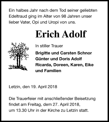 Traueranzeige von Erich Adolf von Neubrandenburger Zeitung