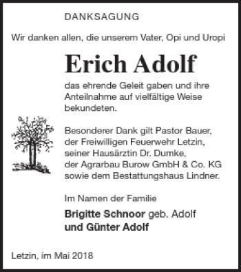 Traueranzeige von Erich Adolf von Neubrandenburger Zeitung