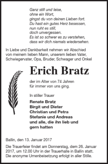 Traueranzeige von Erich Bratz von Prenzlauer Zeitung