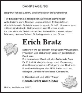 Traueranzeige von Erich Bratz von Prenzlauer Zeitung