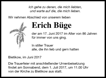 Traueranzeige von Erich Büge von Prenzlauer Zeitung