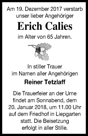 Traueranzeige von Erich Calies von Haff-Zeitung