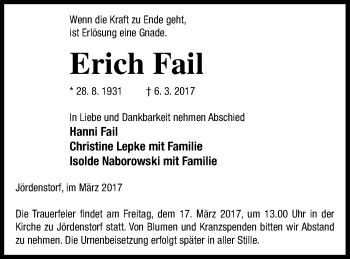 Traueranzeige von Erich Fail von Mecklenburger Schweiz