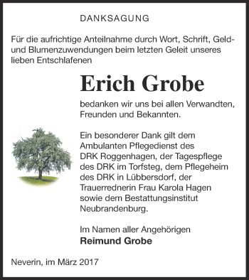 Traueranzeige von Erich Grobe von Neubrandenburger Zeitung