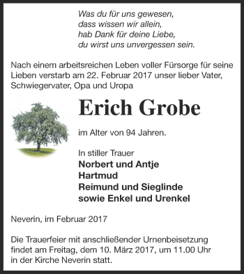 Traueranzeige von Erich Grobe von Neubrandenburger Zeitung