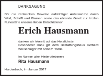 Traueranzeige von Erich Hausmann von Templiner Zeitung