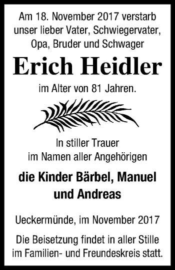 Traueranzeige von Erich Heidler von Haff-Zeitung