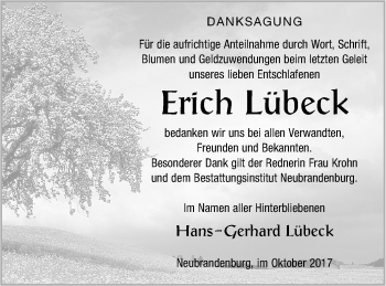 Traueranzeige von Erich Lübeck von Neubrandenburger Zeitung