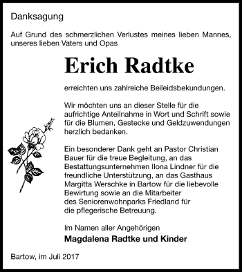 Traueranzeige von Erich Radtke von Vorpommern Kurier