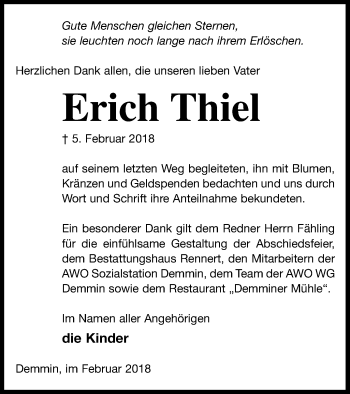 Traueranzeige von Erich Thiel von Demminer Zeitung