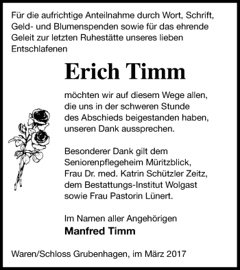 Traueranzeige von Erich Timm von Müritz-Zeitung