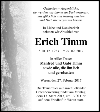 Traueranzeige von Erich Timm von Müritz-Zeitung