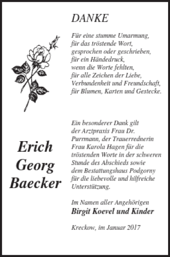 Traueranzeige von Erich Georg Baecker von Pasewalker Zeitung