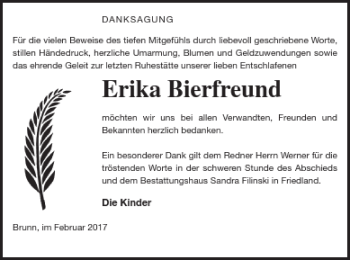 Traueranzeige von Erika Bierfreund von Neubrandenburger Zeitung