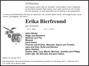 Traueranzeige von Erika Bierfreund von Neubrandenburger Zeitung