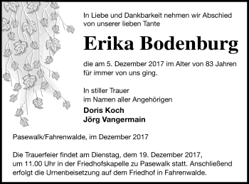 Traueranzeige von Erika Bodenburg von Pasewalker Zeitung