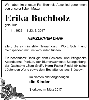 Traueranzeige von Erika Buchholz von Pasewalker Zeitung