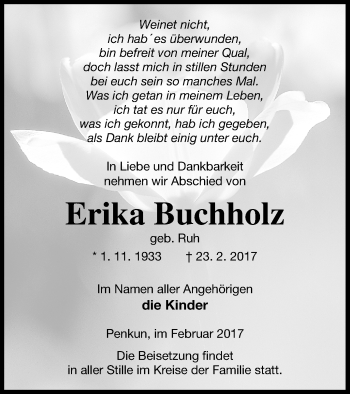 Traueranzeige von Erika Buchholz von Pasewalker Zeitung