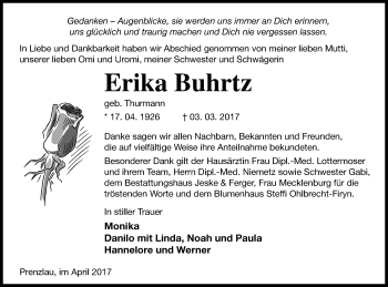 Traueranzeige von Erika Buhrtz von Prenzlauer Zeitung