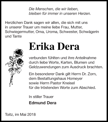 Traueranzeige von Erika Dera von Demminer Zeitung