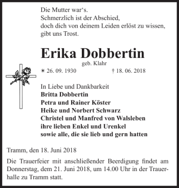 Traueranzeige von Erika Dobbertin von Zeitung für die Landeshauptstadt